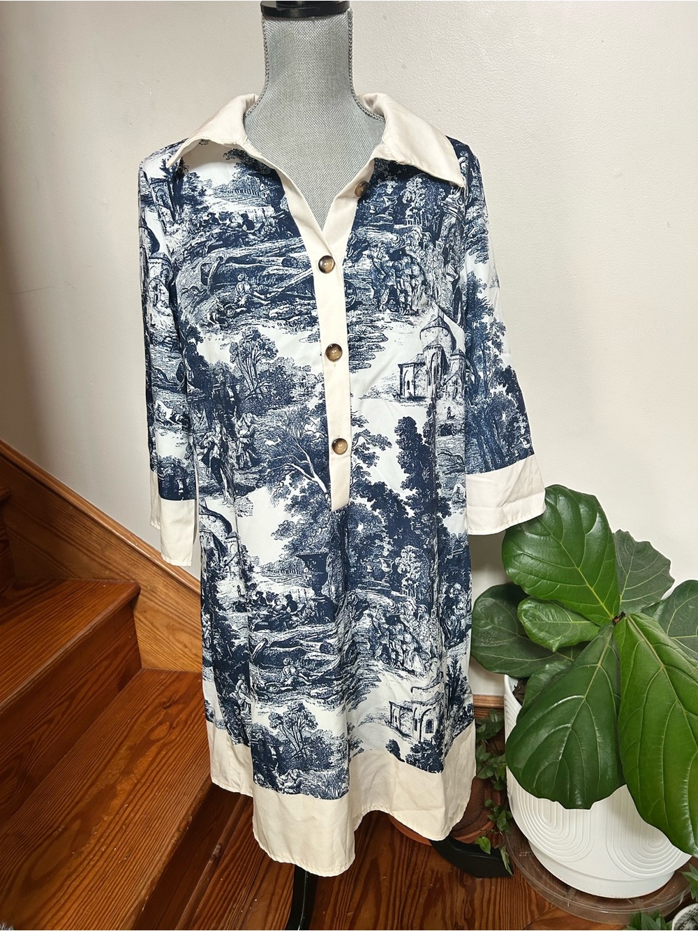 SHEIN Blue and Cream Scenic Print Blouse